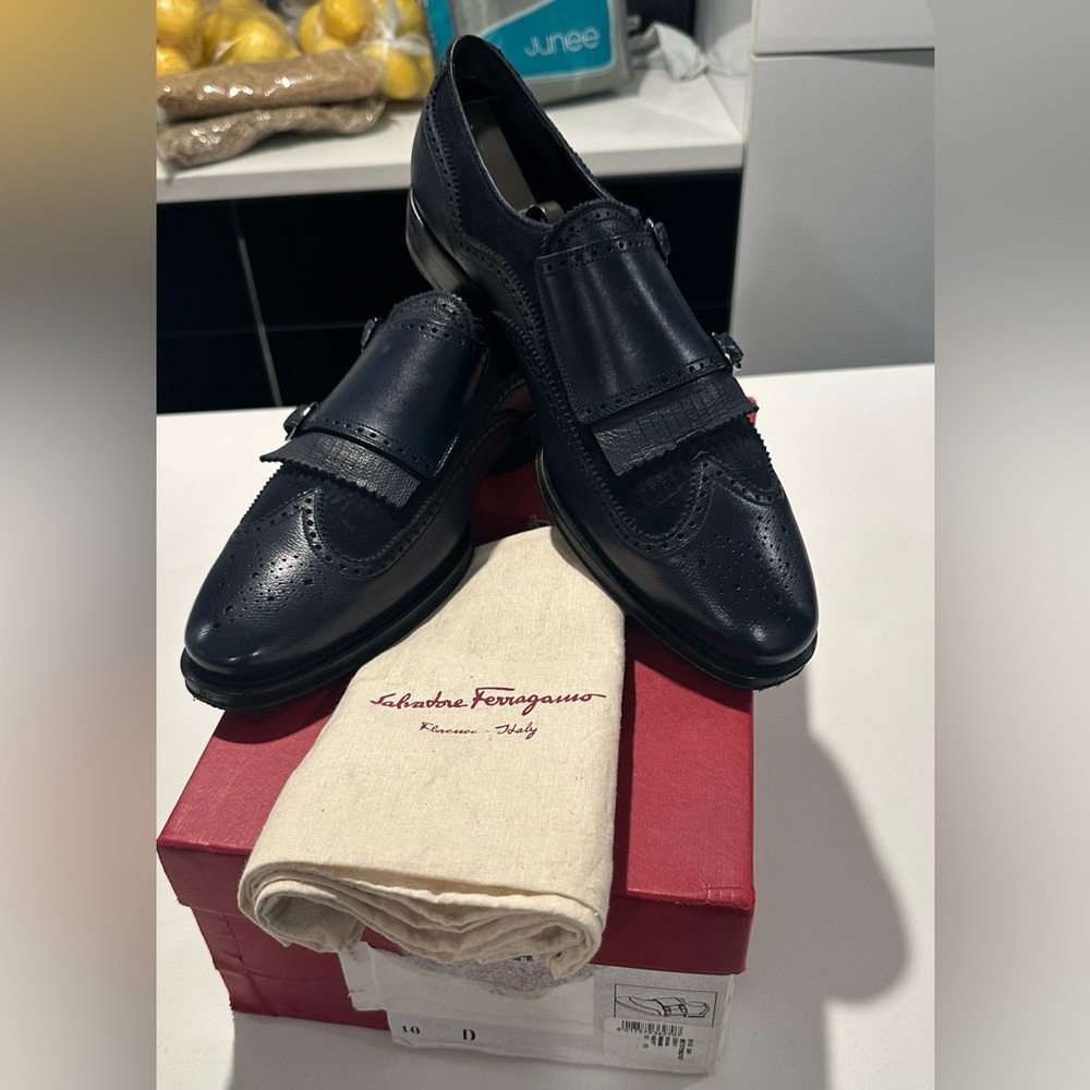 Salvatore Ferragamo Marlin double monk strap navy slip ons size 10